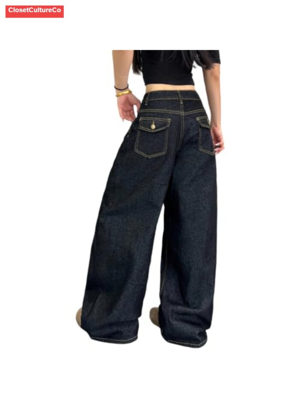 Womens Wide Leg Baggy Jeans Y2K Denim Pants Loose Fit